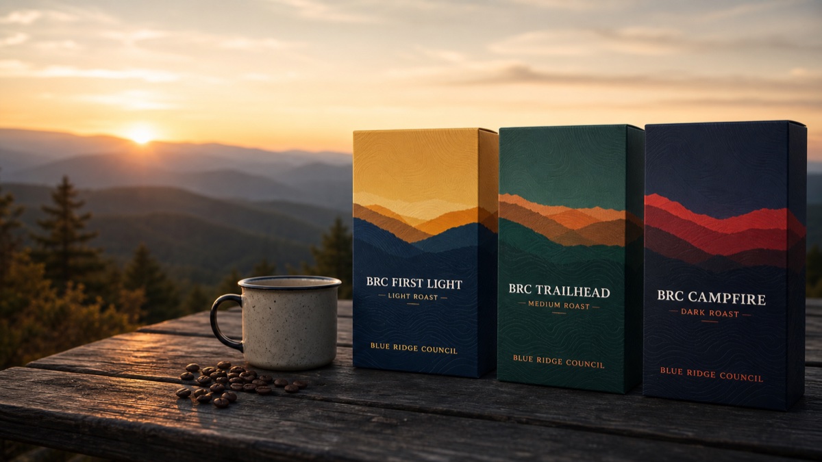 Three Blue Ridge Council coffee bags with a mug in the mountains at sunrise